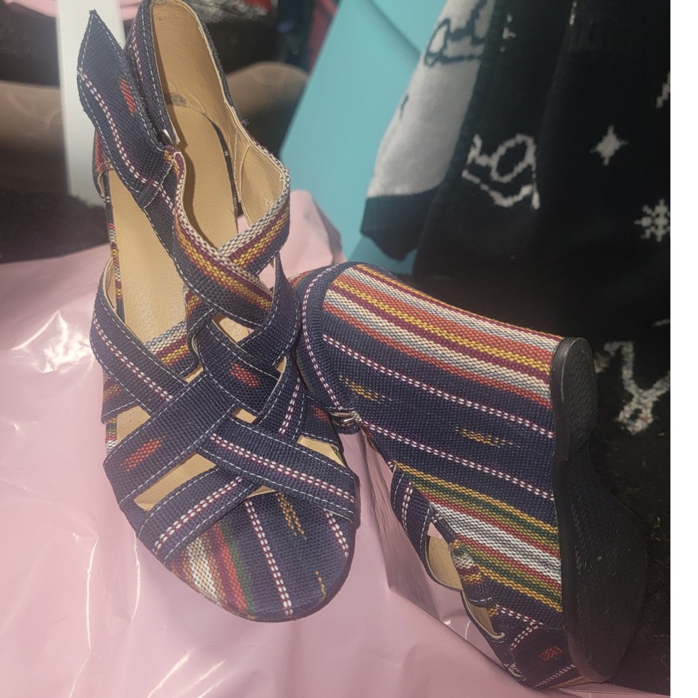 Boho Striped Wedge Sandals Navy Multi Color Strappy Espadrille Size 35